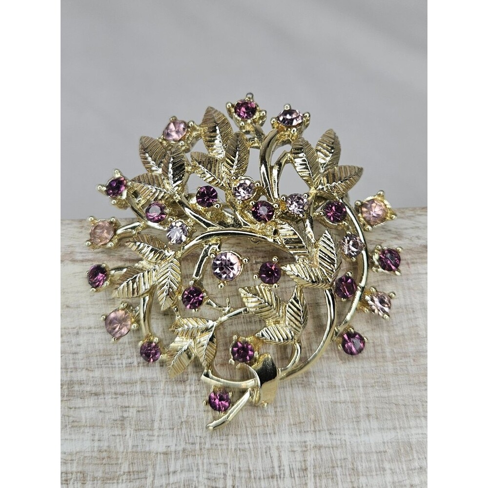 Coro Vintage Gold Tone With Plum, Lilac, And Pink Rhinestones Floral Brooch